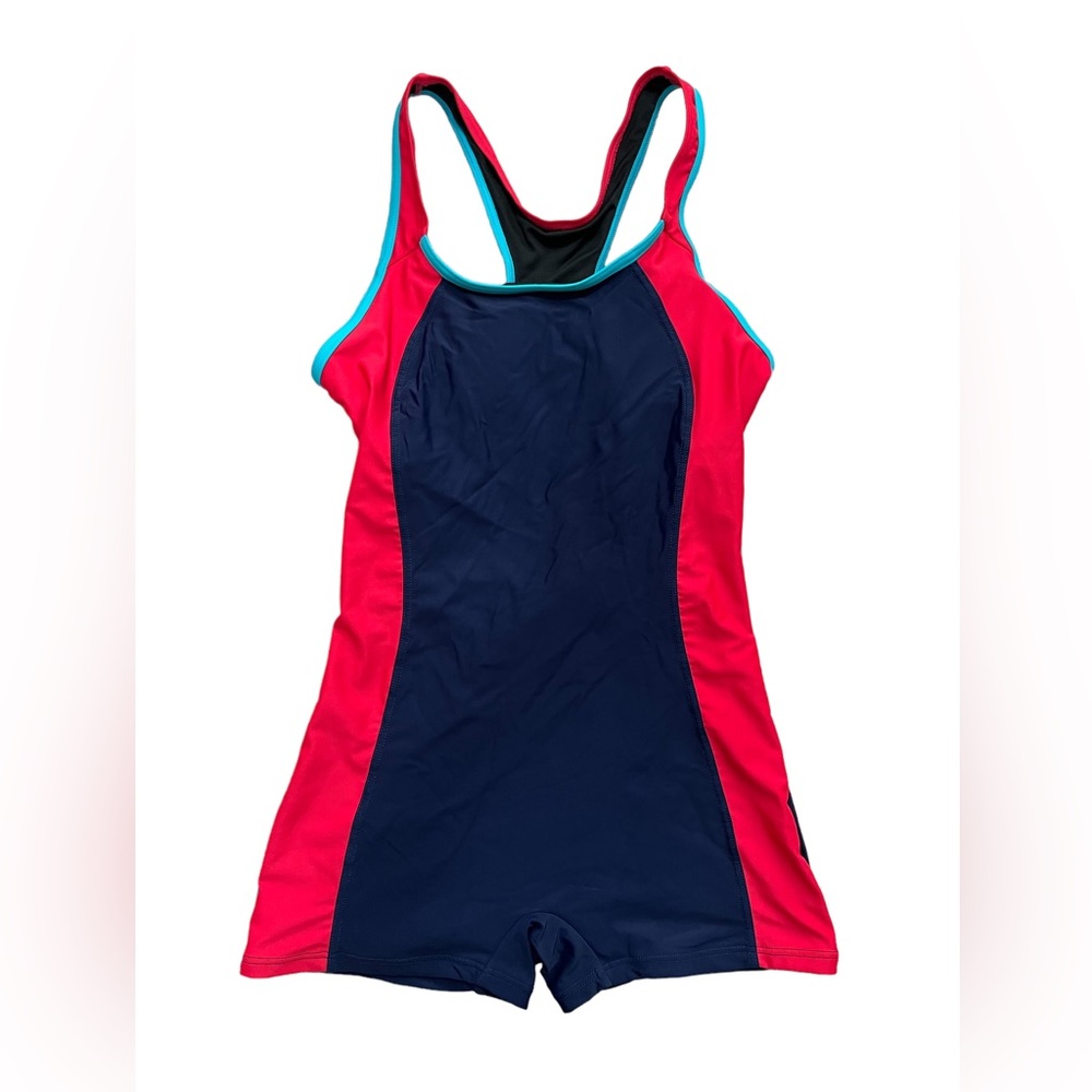 Women’s One-Piece Swimsuit with Shorts Leg, Navy Blue/Dark Pink, Size XS